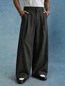 PAVTROS Men's Plus Size Black Striped Loose Casual Versatile Wide Leg Pants - Black - View 1