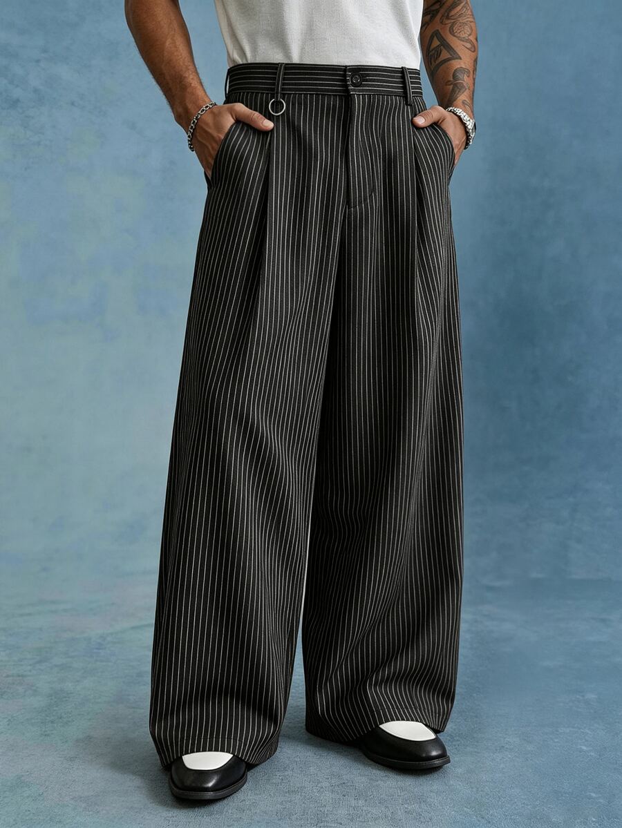 PAVTROS Men's Plus Size Black Striped Loose Casual Versatile Wide Leg Pants - Black - View 1