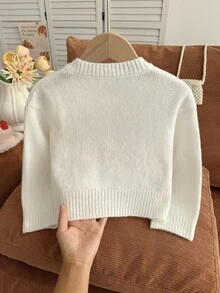 SHEIN 女童秋冬時尚手工蝴蝶結針織長袖開襟毛衣 - 白色 - 查看 2