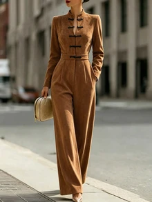 SHEIN New Chinese Style Frog Button Stand Collar Jumpsuit - Brown - View 4