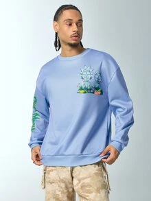 Rick and Morty X SHEIN Men's Cartoon Print Long Sleeve Casual Pullover Sweatshirt - Blue - View 2