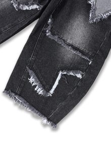 Boys' Black & Grey Washed High-Waist Elastic Curved Leg Horseshoe Jeans With Heavy Distressed Large Five-Point Star, Frayed Hem, Contrast Patchwork, Casual School Daily Wear - Black - View 8