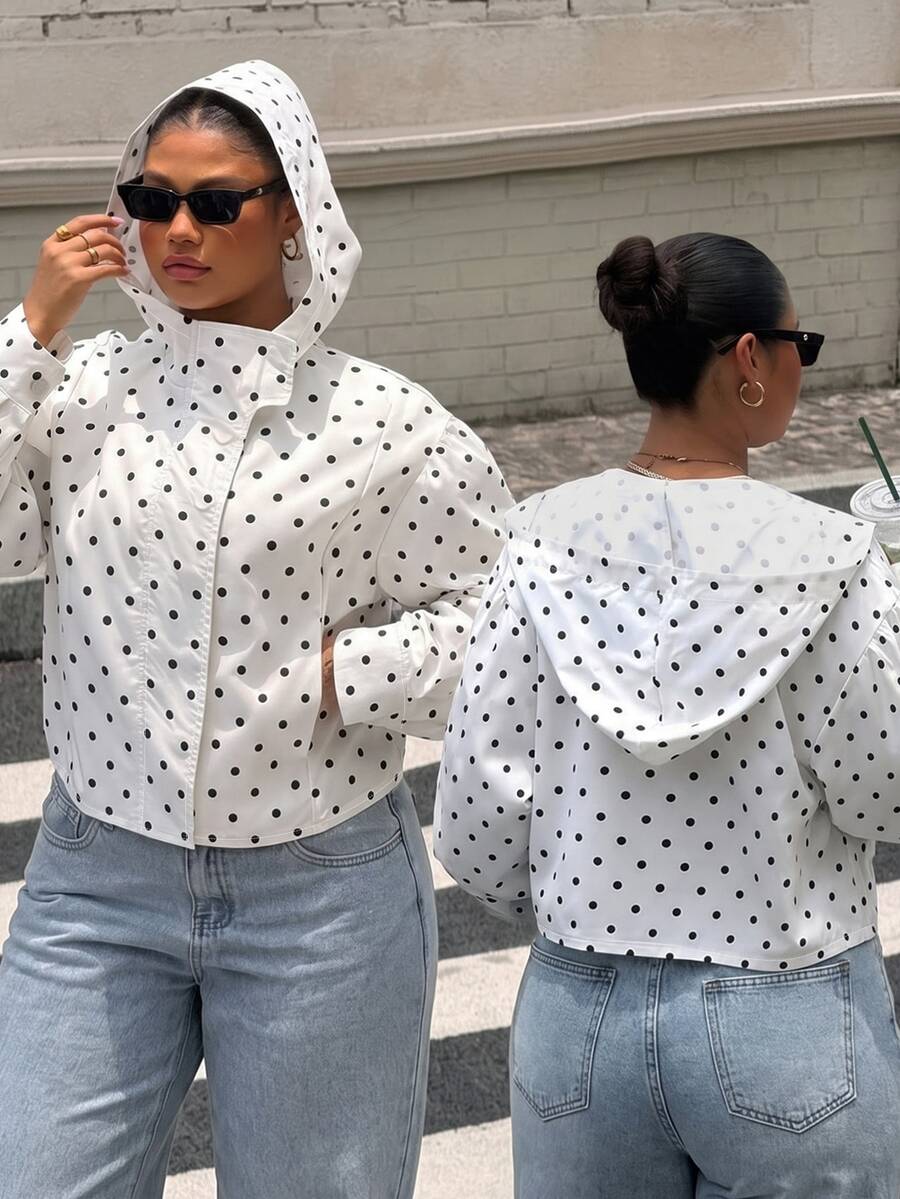 Muchica Plus Size Women's Polka Dot Print Long Sleeve Casual Hooded Jacket Fall - Multicolor - View 1