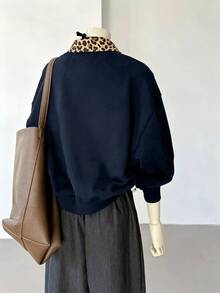 INAWLY Women's Button Half-Placket Leopard Print 2 In 1 Sweatshirt - Navy Blue - View 2
