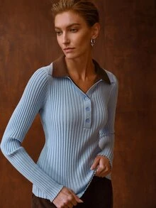MOTF PREMIUM WOMEN'S COLORBLOCK LAPEL BUTTON HALF-PLACKET LONG SLEEVE RIBBED SWEATER - Baby Blue - View 5