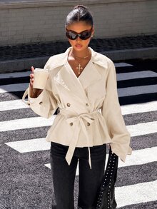 Muchica Apricot Woven Women's Double-Breasted Long Sleeve Regular Jacket - Apricot - View 4