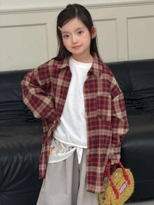 DAZY Tween Girl) Plaid Casual Long Sleeve Loose Fit Autumn/Winter Shirt - Red - View 3