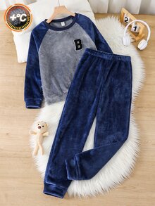 SHEIN 2件組兒童青少年男孩可愛百搭休閒拼色毛絨長袖家居服套裝，適合秋冬，睡衣居家休閒穿著 - 寶藍色 - 查看 3