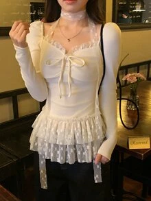 DAZY Women's Casual Ruffle Trim Long Sleeve Girlish Fresh Korean Style T-Shirt - White - View 6
