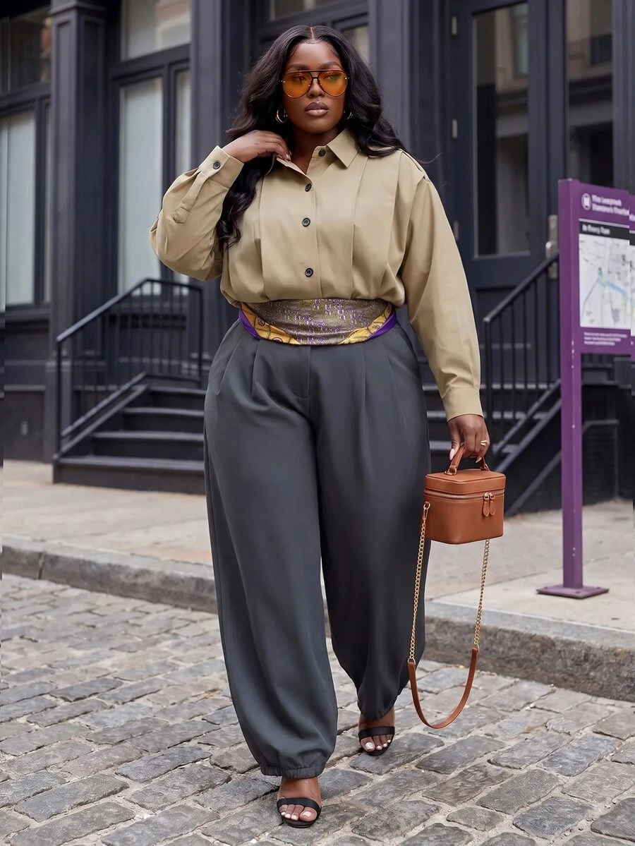 Slaydiva Plus Size Women's Shirt Jacket, Khaki Stand Collar Epaulet Plus Size Utility Shacket - Khaki - View 1