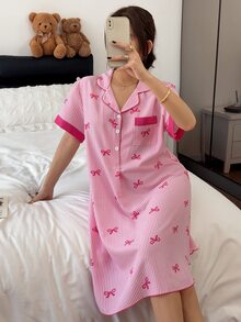 Napfluff 女款藍色蝴蝶結條紋短袖襯衫洋裝，可愛風格，舒適居家穿著 - 粉色 - 查看 6