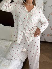 CottageSlumber Plus Size Women's Fine Ribbed Red Bow Cardigan Button Loungewear Set - White - View 5