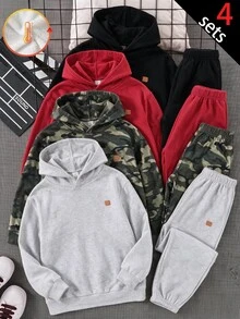 SHEIN 6件組兒童青少年男孩休閒極簡時尚運動酷感迷彩、黑色、灰色、紅色套頭衛衣、長袖運動長褲、短褲套裝，適合通勤、上學、日常休閒、度假、旅行、運動，秋冬季、開學季、聖誕節 - 彩色 - 查看 3