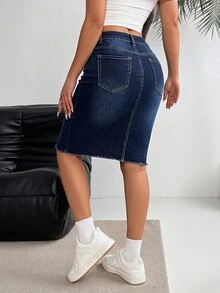 EMERY ROSE Plus Size Women's Casual Daily Denim Skirt With Pockets And Buttons - Blue - View 2