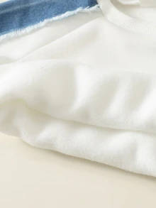 SHEIN 男女嬰兒/幼兒 2件組秋冬加厚抓絨內裡休閒可愛拼色拼接插肩袖衛衣套裝，丹寧，嬰兒冬季穿搭，聖誕 - 白色 - 查看 6