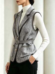 SHEIN Franclia Women's Elegant Gold Trim Woven Tape Edged Vest Jacket, Suitable For Daily Layering And Dining - Grey - View 7