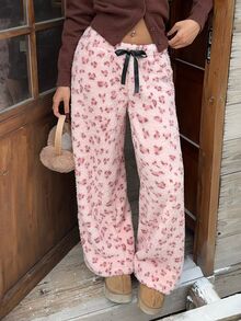 SHEIN EZwear 女款全印花休閒百搭日常穿著長褲 - 粉色 - 查看 3