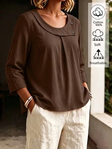 Weeklong Plus Size Cotton Fold Collar Long Sleeve Button Decor Loose Fit Casual Blouse Top - Brown - View 1