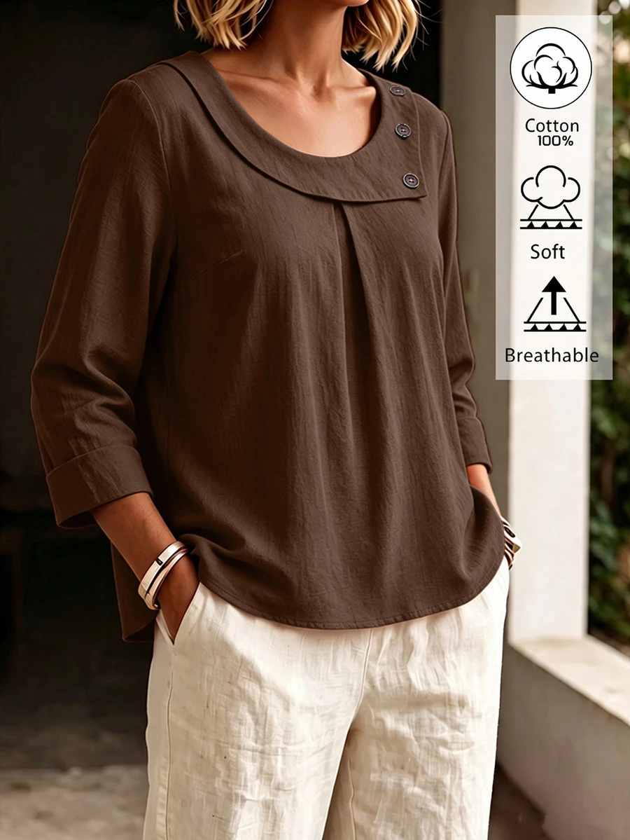 Weeklong Plus Size Cotton Fold Collar Long Sleeve Button Decor Loose Fit Casual Blouse Top - Brown - View 1