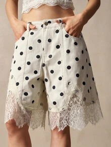 Bohemela Women's Lace Patchwork Polka Dot Casual Daily Shorts - Apricot - View 5