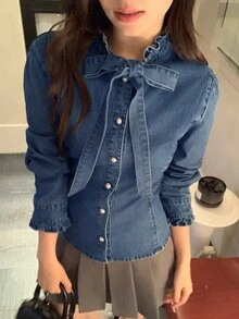 DAZY Women's Small Stand Collar Tie-Neck Casual Elegant Denim Top - Medium Wash - View 3