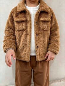 SHEIN 小男孩冬季舒適長袖絨毛夾克，格紋布料內裡，適合秋冬休閒日常穿著，柔軟舒適的絨毛布料，百搭版型，適合街頭出遊、日常休閒戶外穿著，也適合春秋日常穿著 - 棕色 - 查看 3