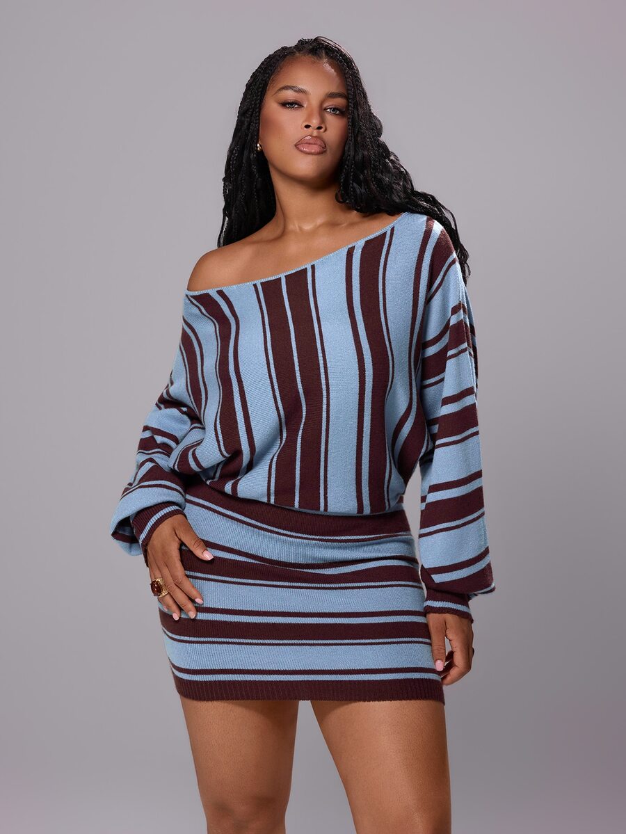 Rustia Plus Size Women Striped Off Shoulder Batwing Sleeve Knit Two Pieces Outfits, Loose Knit Top & Bodycon Mini Skirt Matching Set, Fall Winter Item - Black - View 1