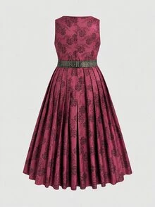 Fairmaia German Traditional Plus Size Women's Floral Print Square Neck Sleeveless Dress - Burgundy - View 2