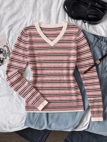 SHEIN 青少年女孩極簡純色V領長袖套頭毛衣，休閒日常穿著，秋冬長袖上衣，學院風V領長袖毛衣，復古V領毛衣，返校穿搭 - 粉色 - 查看 2