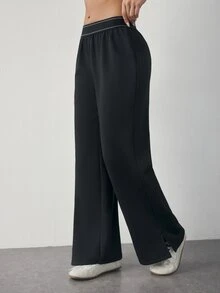 SHEIN Dewbera Casual Versatile Black High-Elastic Webbing Side Slit Design Comfortable Slimming Sports Long Pants - Black - View 5