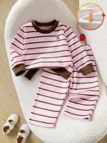 SHEIN Playful Pals 2件組幼女運動衫長褲套裝，甜美優雅粉色與棕色條紋刺繡，長袖圓領，休閒戶外秋季連身衣毛衣 - 棕色 - 查看 8