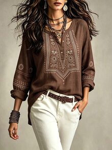 Linhara CURVE Plus Size Women's Woven Printed V-Neck Long-Sleeved Fall Shirt - Brown - View 3