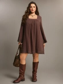 Freevana Plus Size Women Solid Color Ruched Square Neck Casual Daily Summer Long Sleeve Dress - Coffee Brown - View 7