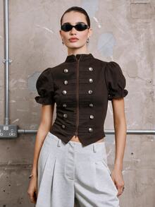 COUREZ Fitted Puff Sleeve Denim Drummer Military Napoleon Top/Y2K Summer Outfits Tops Going Party Rave Fall Outfits Y2K Festival Concert Drummer Top - Coffee Brown - View 2