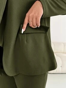 Shapeblank 大尺碼女款海軍藍秋季休閒商務日常時尚寬鬆舒適西裝外套與緊身褲兩件套，秋季穿搭，上班穿著 - 軍綠色 - 查看 8