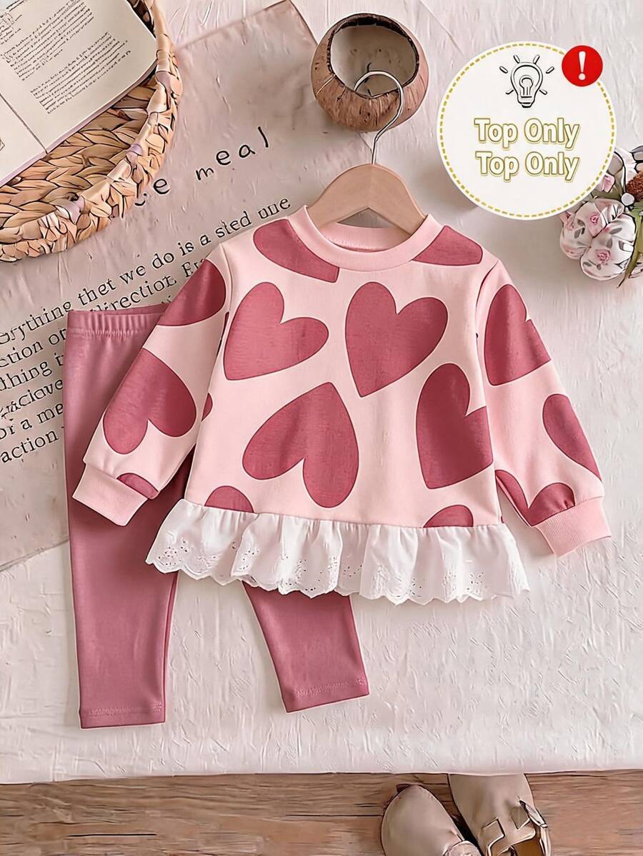 Sweet & Cool Heart Print Baby Girl Top, Red Heart Pattern All-Over Print, Delicate Lace Ruffle Hem, Stylish - Multicolor - View 1
