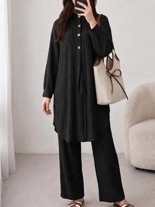 Solavon Solid Button Front Longline Blouse & Pants - Black - View 5