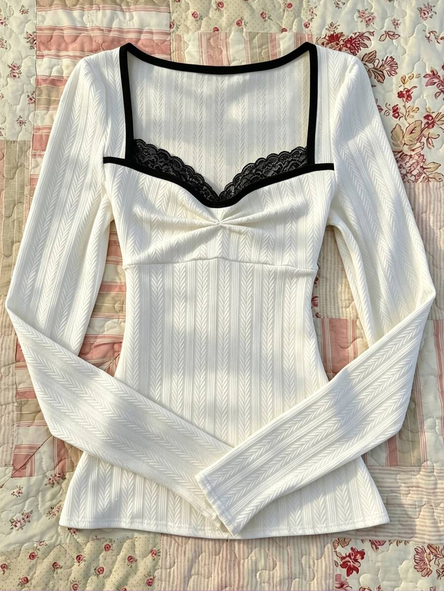 IslaSuriya Autumn French Style 2 In 1 Lace Trim Square Neck T-Shirt - White - View 1