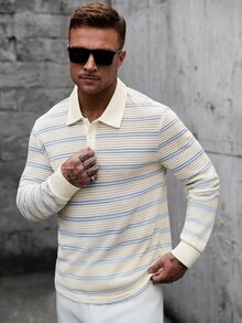 Manfinity CasualCool 男士藍白條紋針織半拉鍊網格紋理長袖 Polo 衫，休閒夏季度假針織鉤編上衣，復古富貴風 - 彩色 - 查看 5