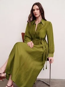 Aveloria Modichic Commuter Design, Belt Waist Cinched Decoration, Fashionable Elegant Pleated Quilted Versatile Slimming Long Dress - Olive Green - View 7