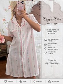 CottageSlumber Women's Romantic Ditsy Floral Short Sleeve Lapel Nightgown - Multicolor - View 7