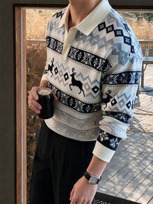 Claim Dot 男士鹿紋幾何圖案長袖休閒 Polo 領毛衣 - 彩色 - 查看 3