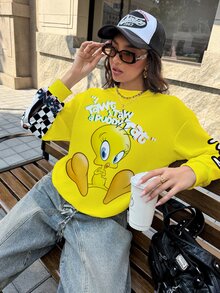 LOONEY TUNES X SHEIN 女款字母卡通印花圓領長袖休閒運動衫 - 白色 - 查看 7