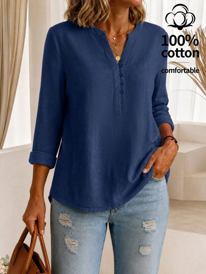 Holdful Holdful Women's Comfortable Cotton-Feel Fashion V-Neck Versatile Commute Casual Inner Layer Long Sleeve Shirt For Home And Outings
