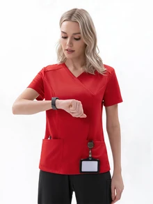 TaskEZ 女款春夏黑色三口袋小包圍式公主後縫線刷手服上衣，舒適時尚流行制服刷手服 - 紅色 - 查看 5