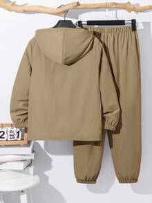 SHEIN 青少年男孩半拉鍊連帽外套與慢跑長褲2件套，休閒運動風，適合秋冬穿著 - 卡其色 - 查看 2
