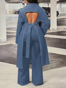 Slaydiva Plus Size Women Non-Stretch Denim Long Jacket With Hollow Back Design, Cowboy Outfits For Women - Medium Wash - View 1