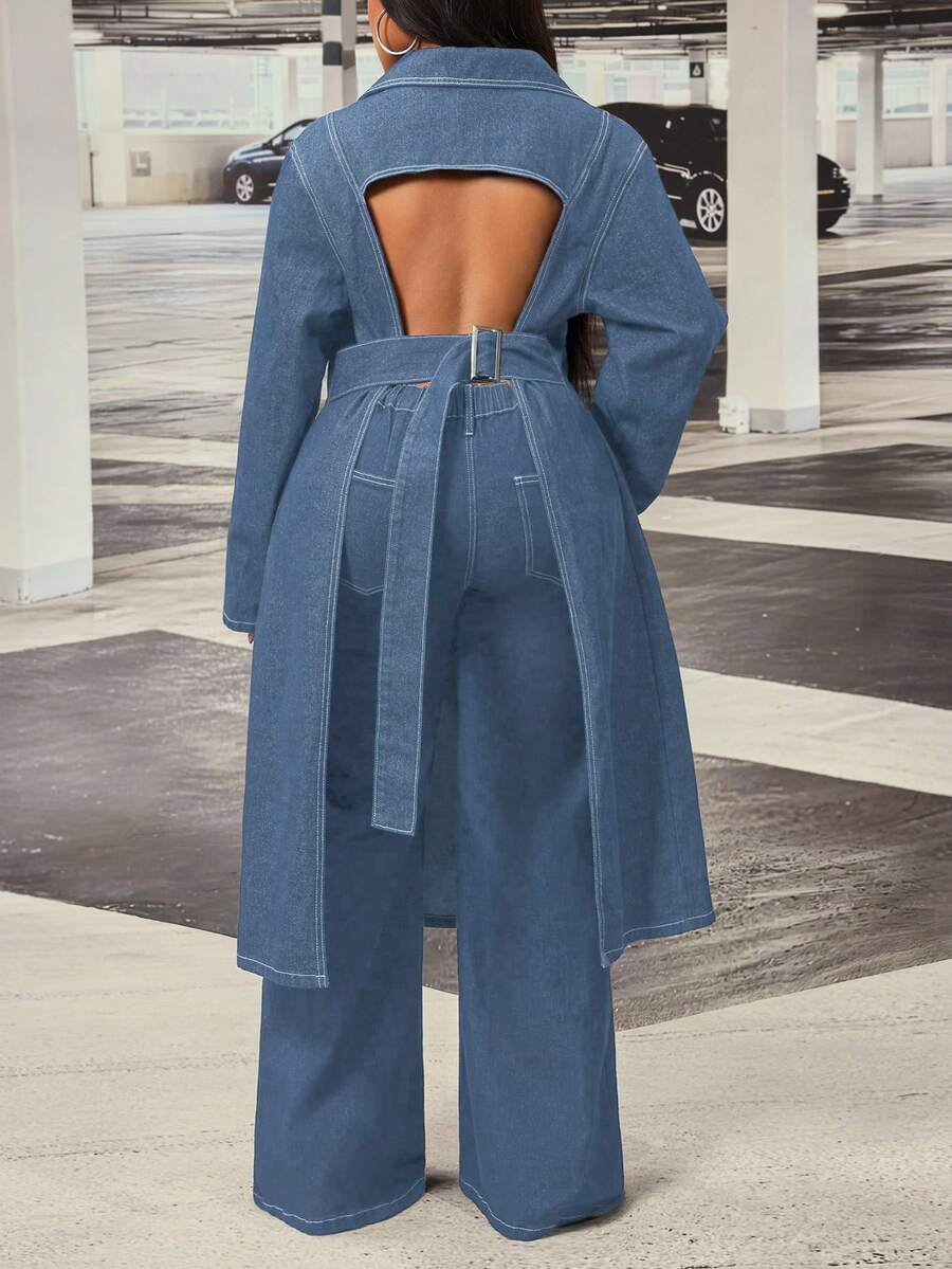 Slaydiva Plus Size Women Non-Stretch Denim Long Jacket With Hollow Back Design, Cowboy Outfits For Women - Medium Wash - View 1