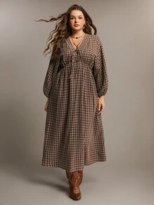 Freevana Plus Size Women's Autumn/Winter Plaid Long Sleeve Casual Elegant Dress - Brown - View 3