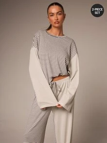 Athîral Women's Loose Fit Brown Striped Pajama Set,Fine Knit,Round Neck Long Sleeve Top,Wide Leg Pants,Autumn,Modern Minimalist,Lounge Home,Women's Set - Grey - View 4